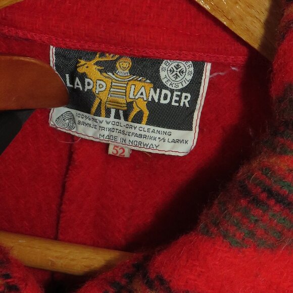 Vtg Lapp Lander 100% Wool Norway Fringe Blanket Full Zip Jacket 70s Red Plaid L - Picture 3 of 5